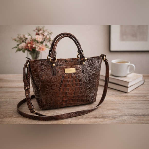 Brahmin Handbags - Brahmin Mini Asher Satchel Pecan Melbourne Croc Leather Crossbody